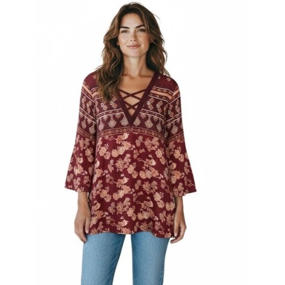 Signature Studio Burgundy Top Floral Velvet Trim 3/4 Sleeve Boho Peasant Size 2X - Picture 1 of 9